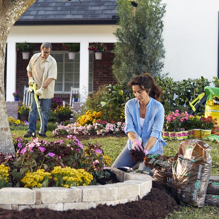 A woman planting some bulbs in top soil, while a man uses a strimmer in the background.