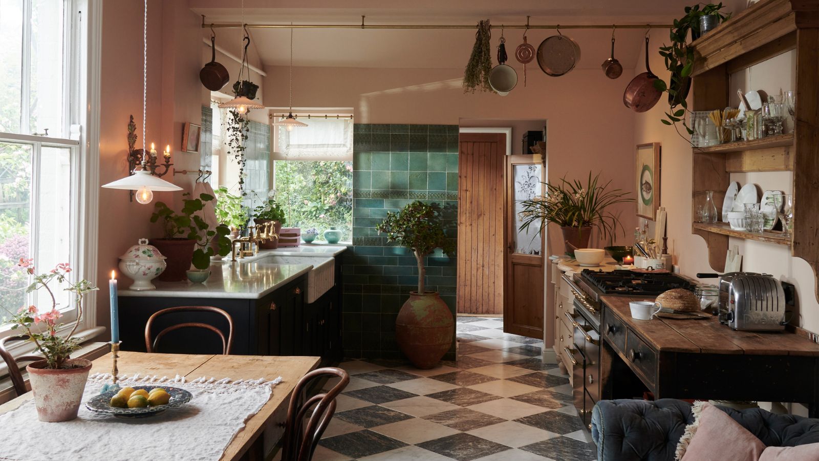 A cozy kitchen decorated for winter gatherings
